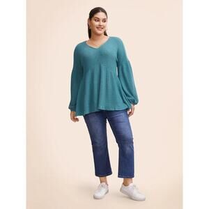 🔥SALE Size 28 • 5x BloomChic • Waffle Knit Lantern Sleeve Flutter Hem Sweatshirt